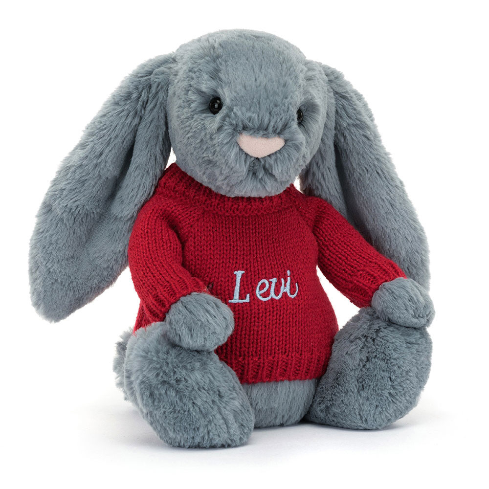 Bashful Dusky Blue Bunny with Personalized Red Jumper